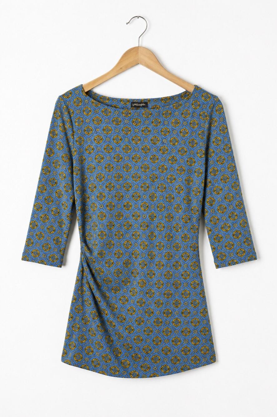 J. McLaughlin Women's Catalina Cloth Top M Blue Gold Boat Neck 3/4 Sleeve